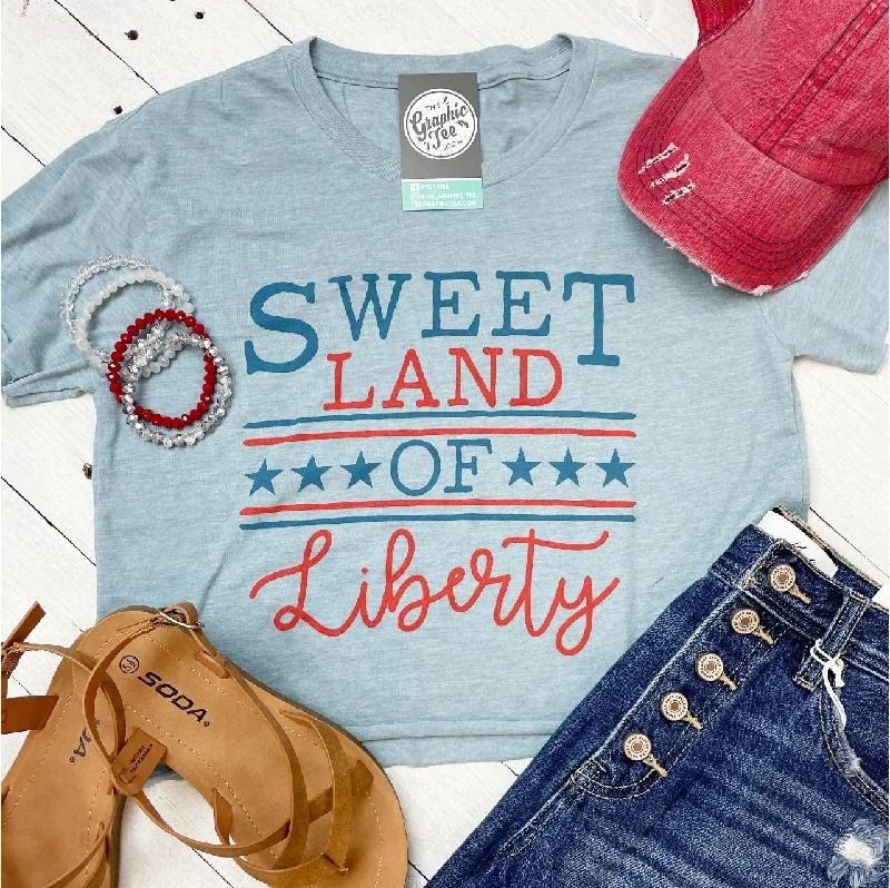 Sweet Land Of Liberty Stonewash Denim Ladies Crop Tee