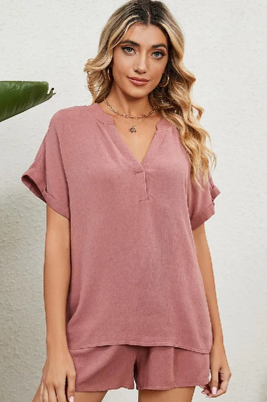 SOLID COLOR V NECK LOOSE TOP AND SHORT SET