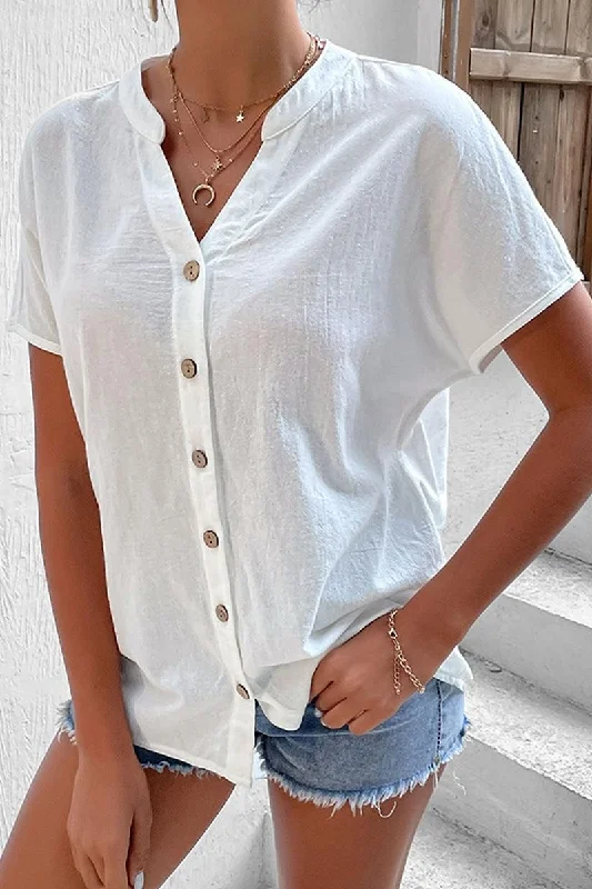 WOMEN BUTTON UP V NECK WHITE SHIRTS