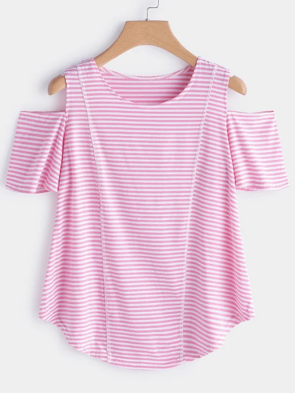 Custom Crew Neck Cold Shoulder Stripe Short Sleeve Curved Hem Pink T-Shirts