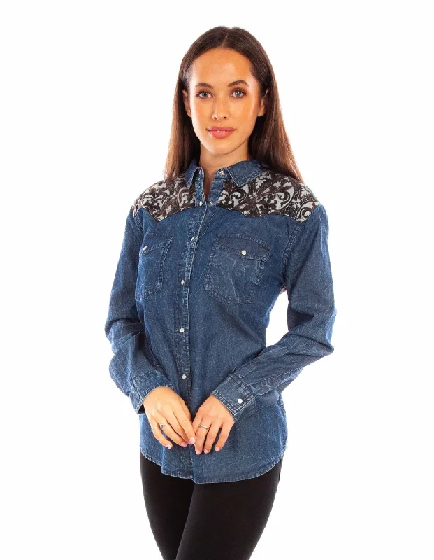 Scully Womens Jacquard Back Denim 100% Cotton L/S Blouse