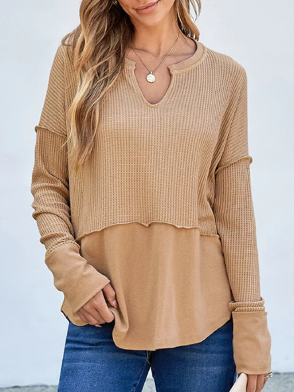 Waffle-Knit Notched Long Sleeve T-Shirt