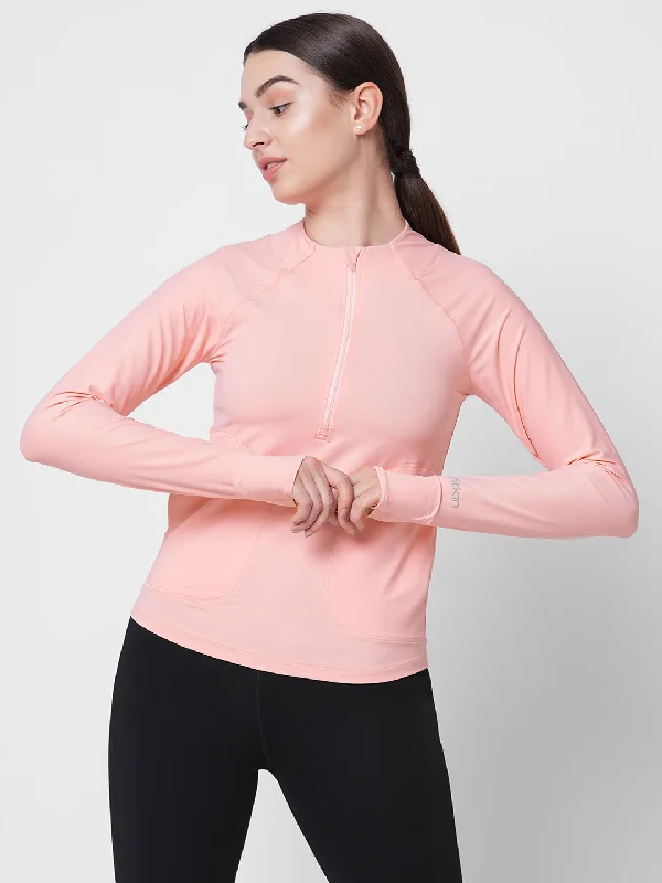 Fitkin women pink front zipper long sleeve tshirt with front pockets