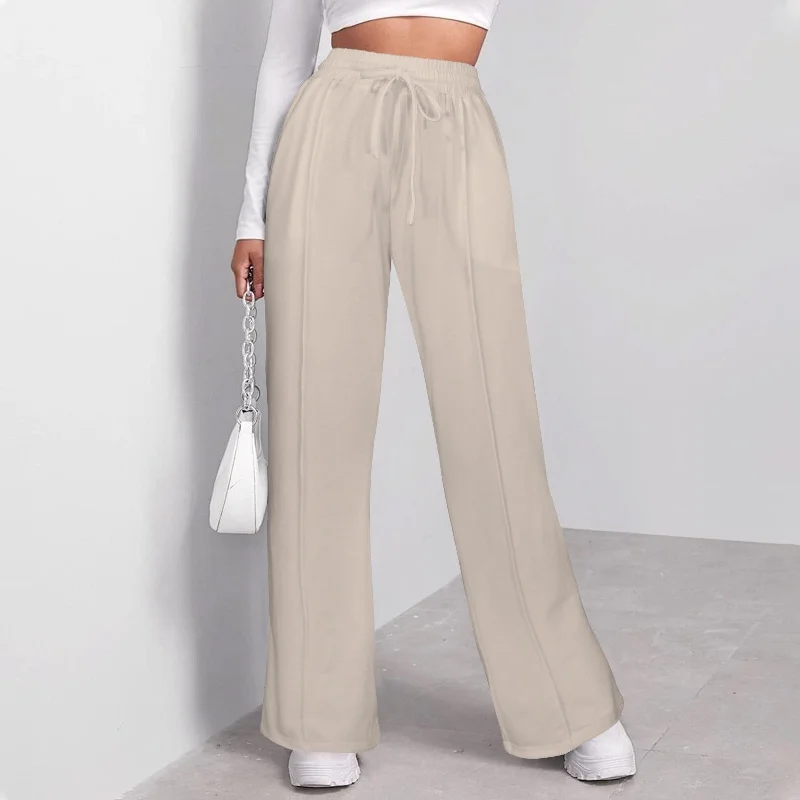 Ladies Drawstring Wide Leg Sweatpants Light Beige