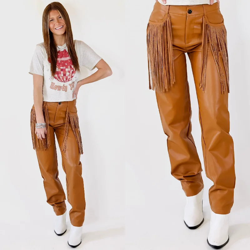 Ready Up Crystal Fringe Faux Leather Pants in Camel Brown