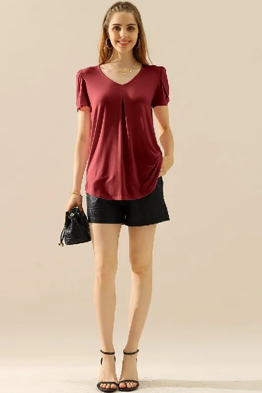 SOLID V NECK SHORT TULIP SLEEVE TUNIC TOPS