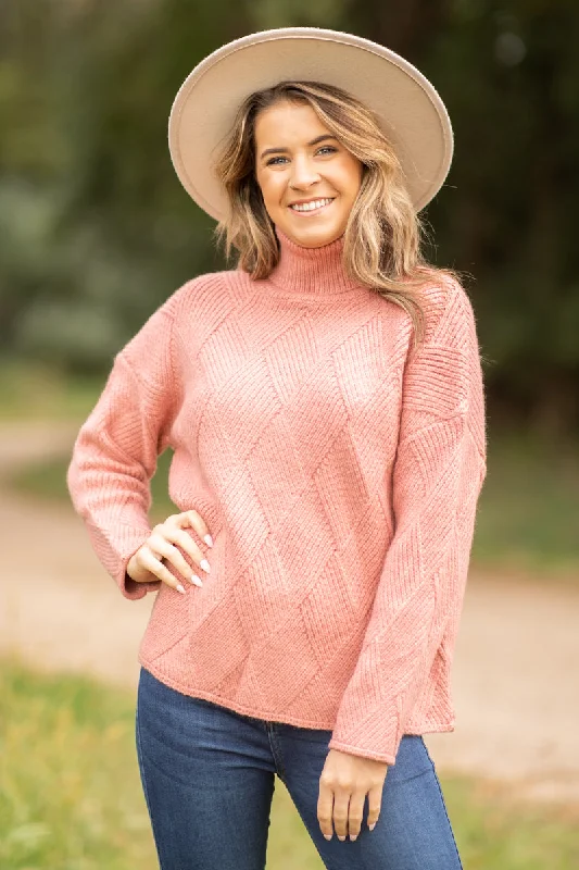 Coral Diamond Texture Turtleneck Sweater