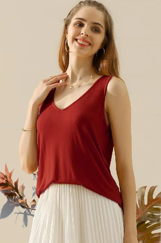 V NECK WIDE SLEEVELESS SOLID TEE SHIRTS TOPS