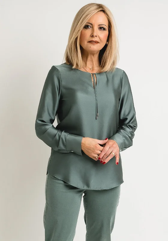 Bianca Alexia Tie Collar Satin Top, Teal Green