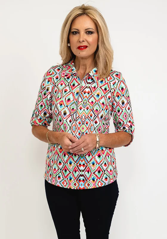 Leon Collection Maria Geo Print Half Zip Top, Multi