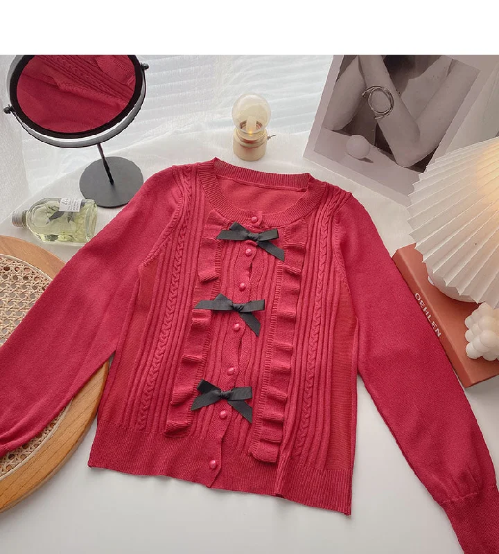 T-neck bow design Vintage knitted cardigan  6494