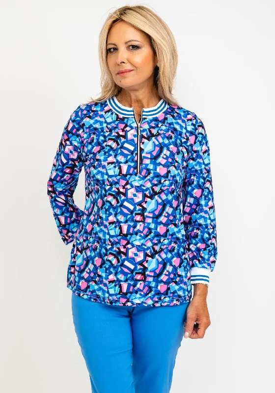 Leon Collection Mia Ribbed Collar Zip Up Top, Blue Multi