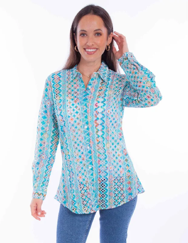 Scully Womens Eyelet Button Turquoise 100% Cotton L/S Blouse